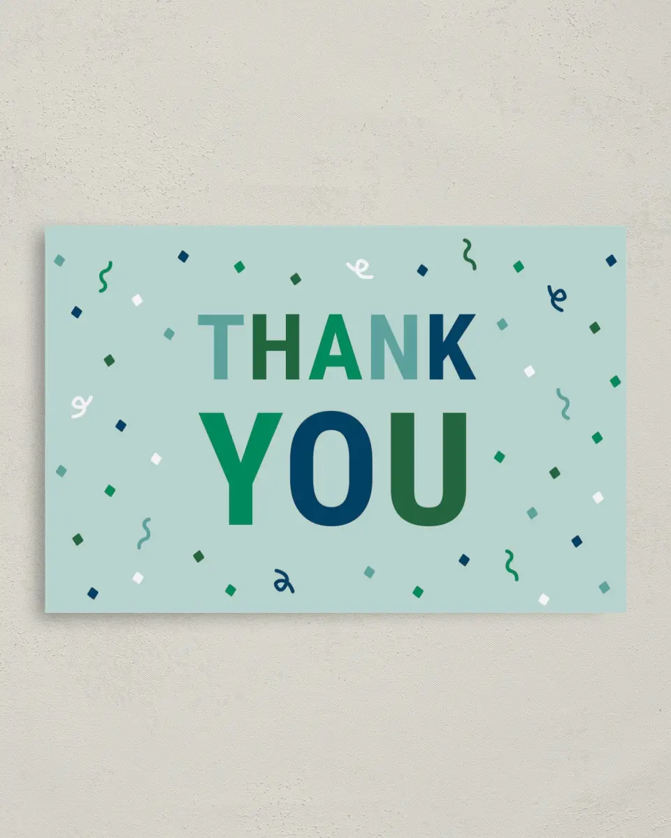 This is a 4" x 6" Folded Thank You Card called Stacked Surprise printed in full color on Premium Smooth paper