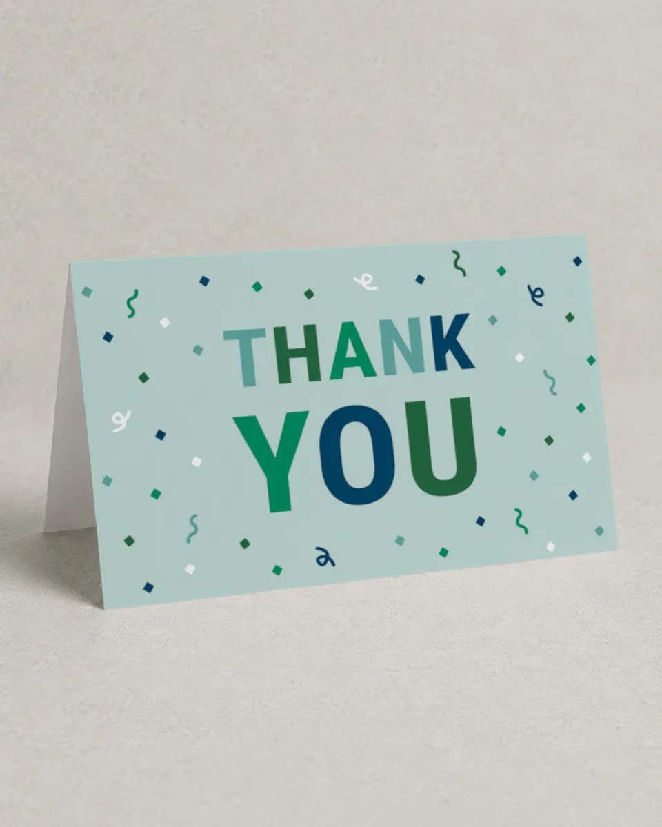 This is a 4" x 6" Folded Thank You Card called Stacked Surprise printed in full color on Premium Smooth paper