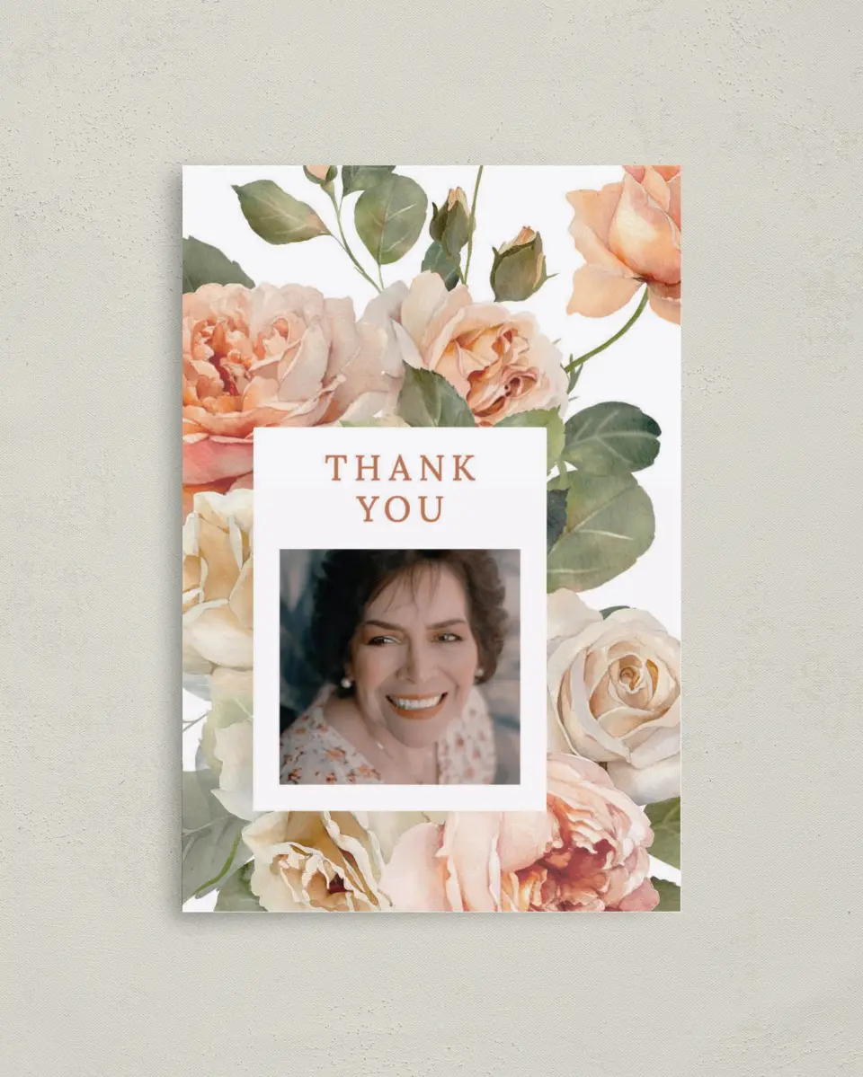 This is a 4" x 6" Folded Thank You Card called Rose Garden printed in full color on Premium Smooth paper