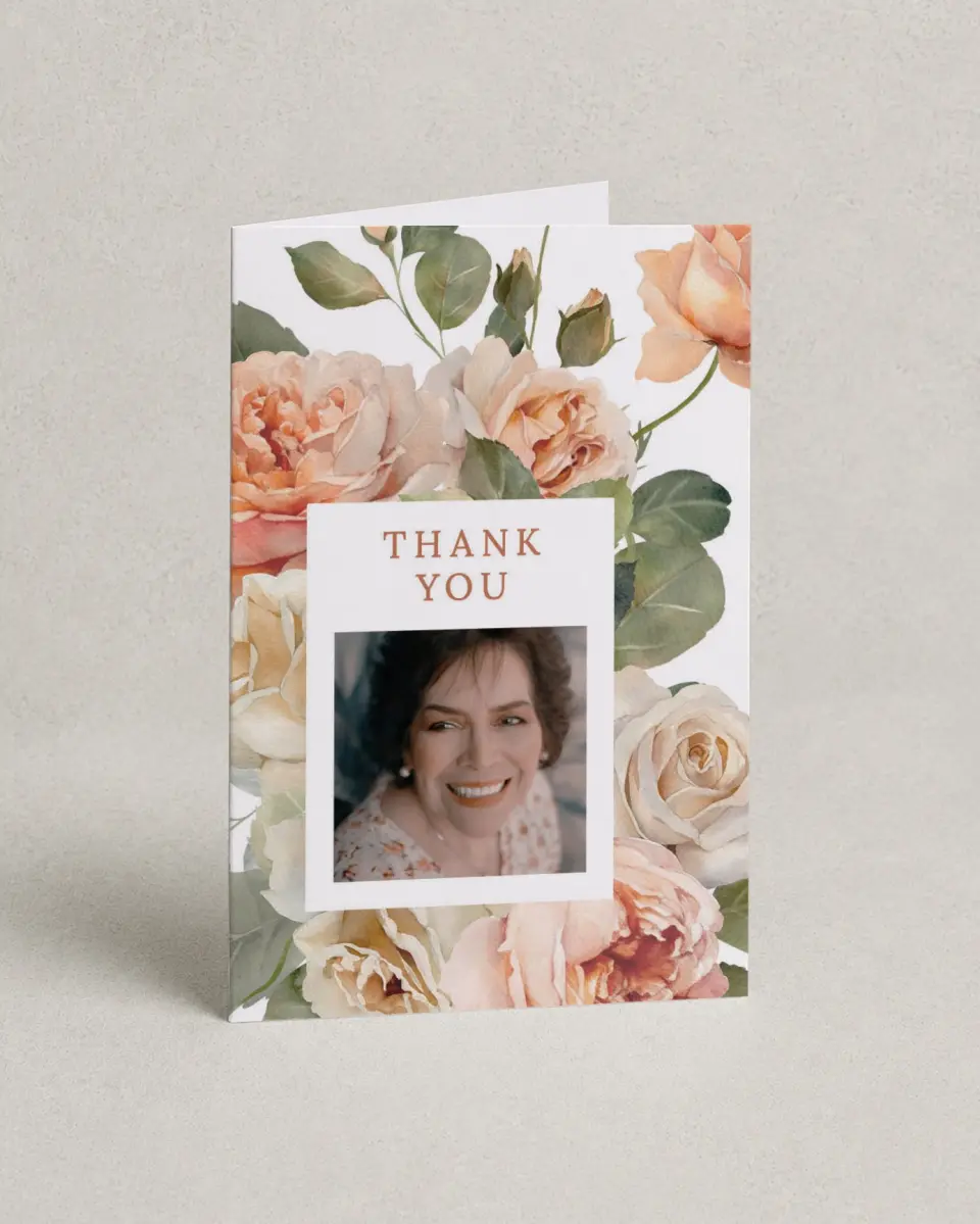 This is a 4" x 6" Folded Thank You Card called Rose Garden printed in full color on Premium Smooth paper