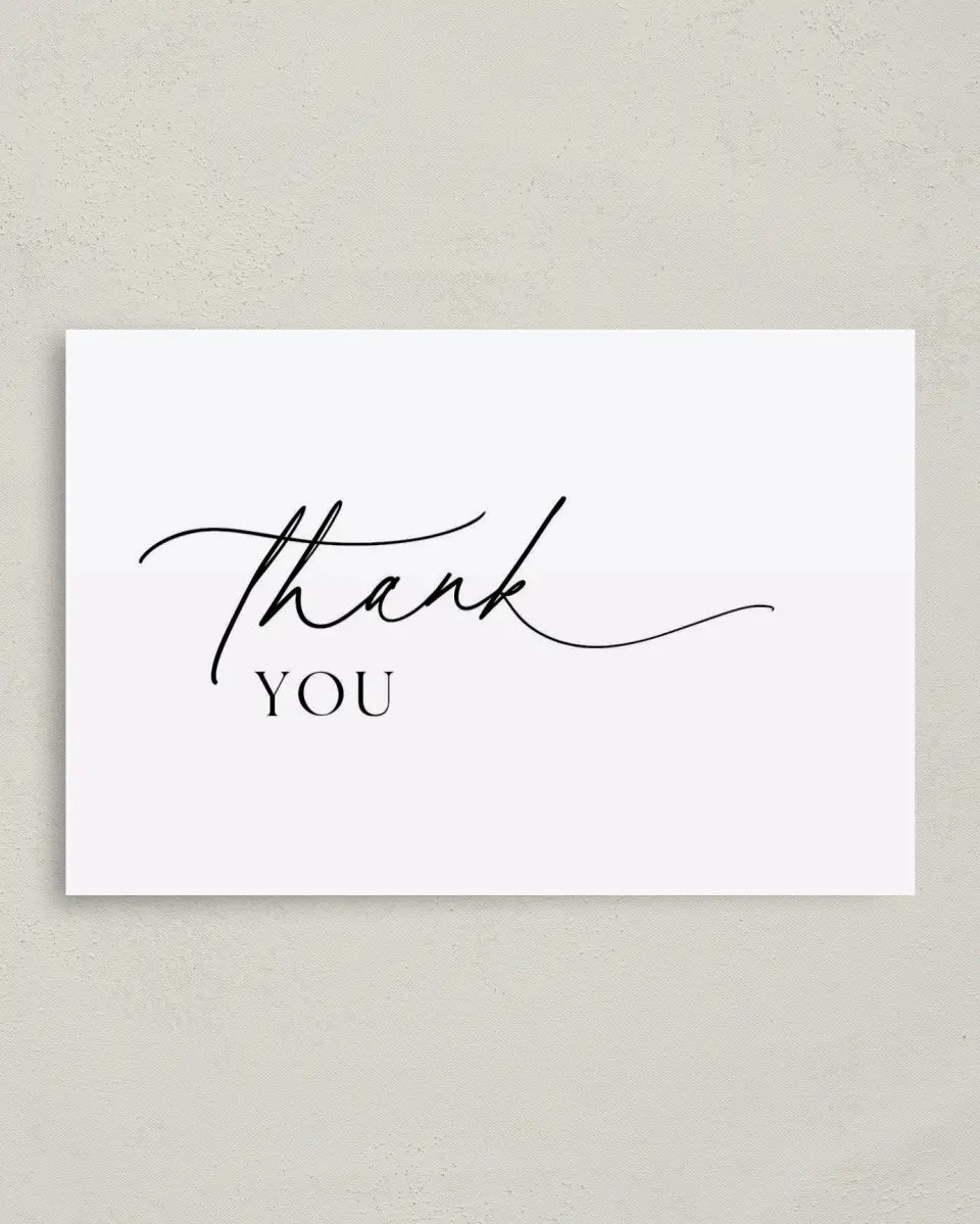 This is a 4" x 6" Folded Thank You Card called Simply Scripted printed in full color on Premium Smooth paper