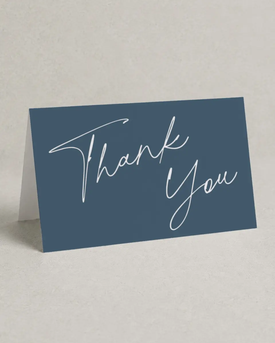 This is a 4" x 6" Folded Thank You Card called Sleek Script printed in full color on Premium Smooth paper