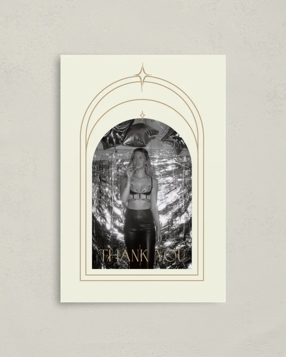 This is a 4" x 6" Folded Thank You Card called Sparkling Sips printed in full color on Premium Smooth paper