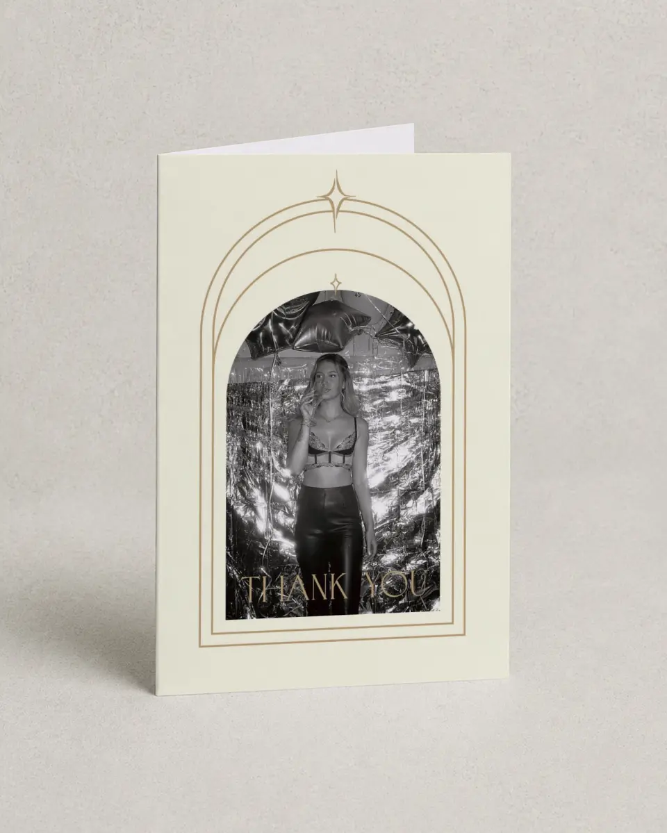 This is a 4" x 6" Folded Thank You Card called Sparkling Sips printed in full color on Premium Smooth paper