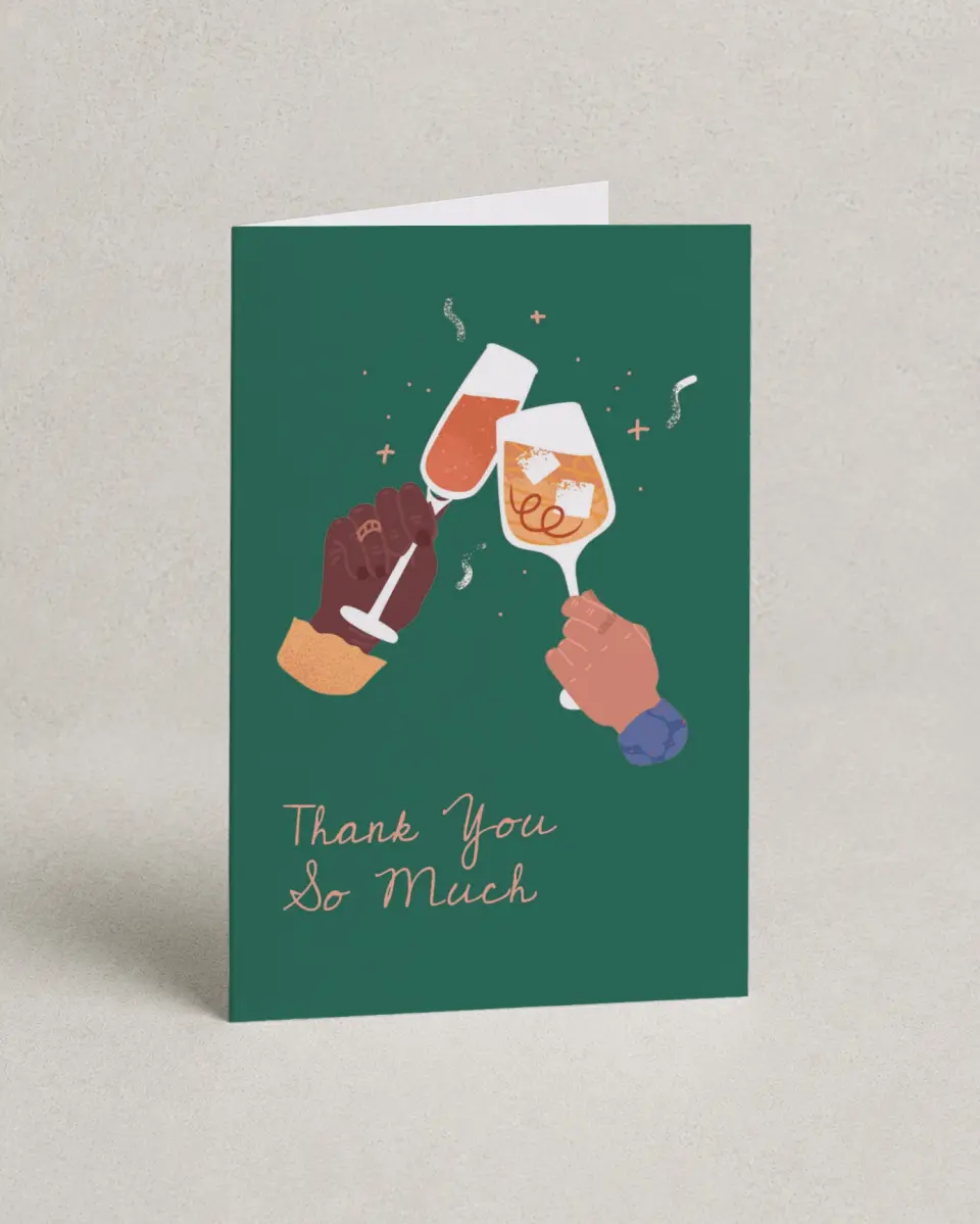 This is a 4" x 6" Folded Thank You Card called Clink & Drink printed in full color on Premium Smooth paper