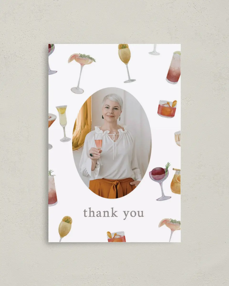 This is a 4" x 6" Folded Thank You Card called Sophisticated Spirits printed in full color on Premium Smooth paper