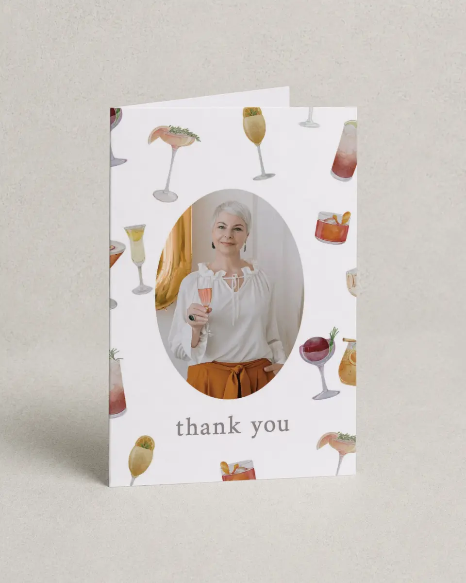 This is a 4" x 6" Folded Thank You Card called Sophisticated Spirits printed in full color on Premium Smooth paper