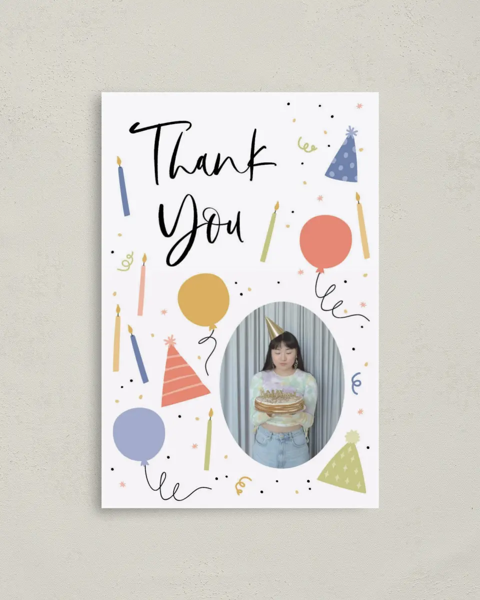 This is a 4" x 6" Folded Thank You Card called Birthday Bonanza printed in full color on Premium Smooth paper