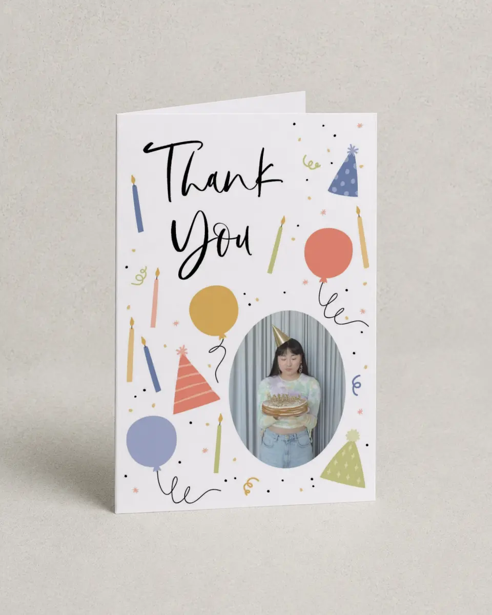 This is a 4" x 6" Folded Thank You Card called Birthday Bonanza printed in full color on Premium Smooth paper