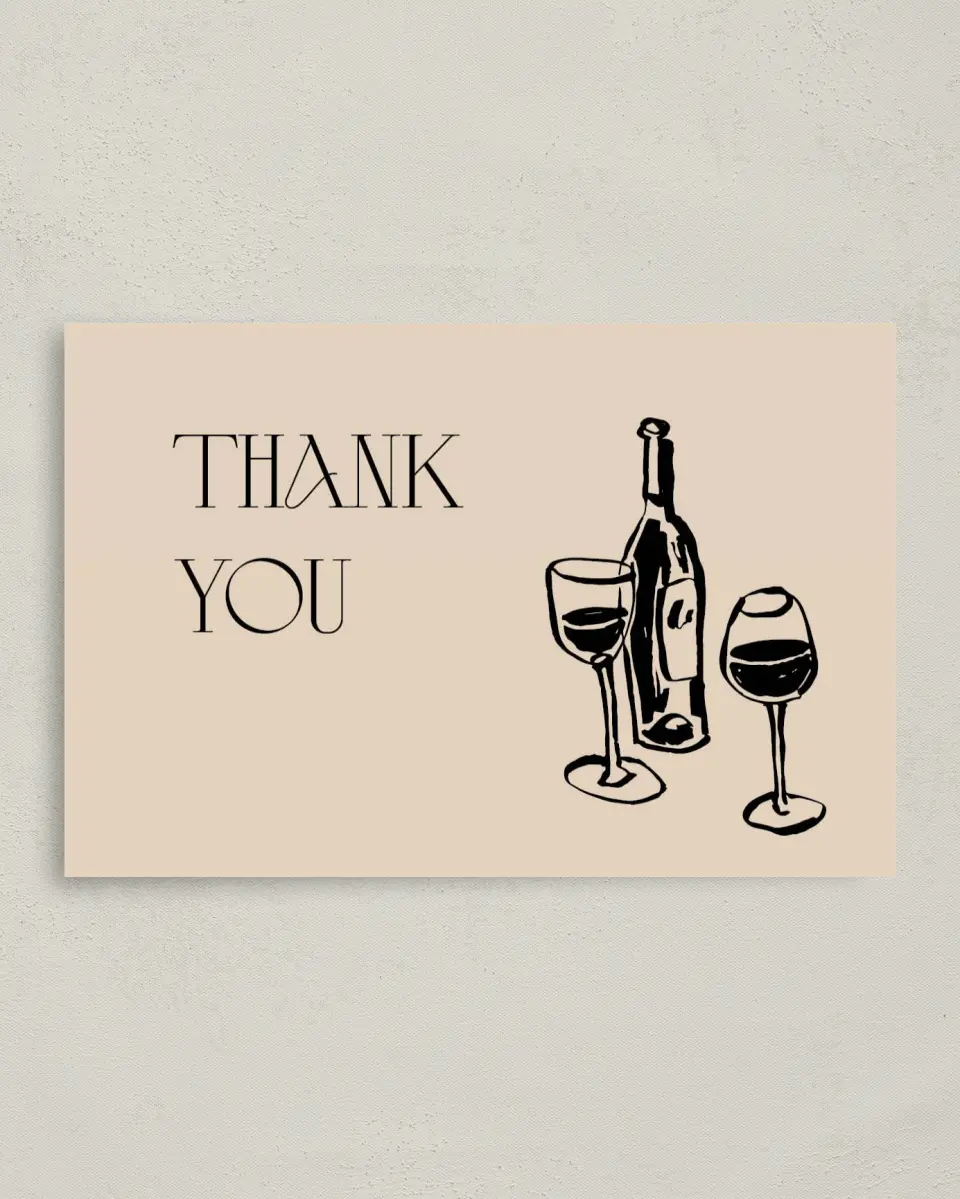 This is a 4" x 6" Folded Thank You Card called Wining & Dining printed in full color on Premium Smooth paper