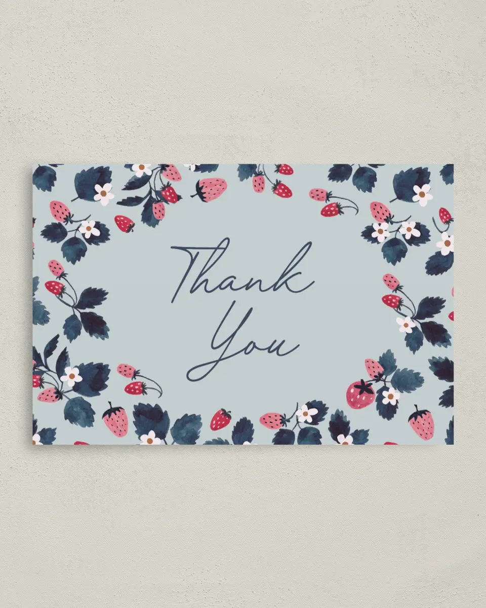 This is a 4" x 6" Folded Thank You Card called Berry First printed in full color on Premium Smooth paper