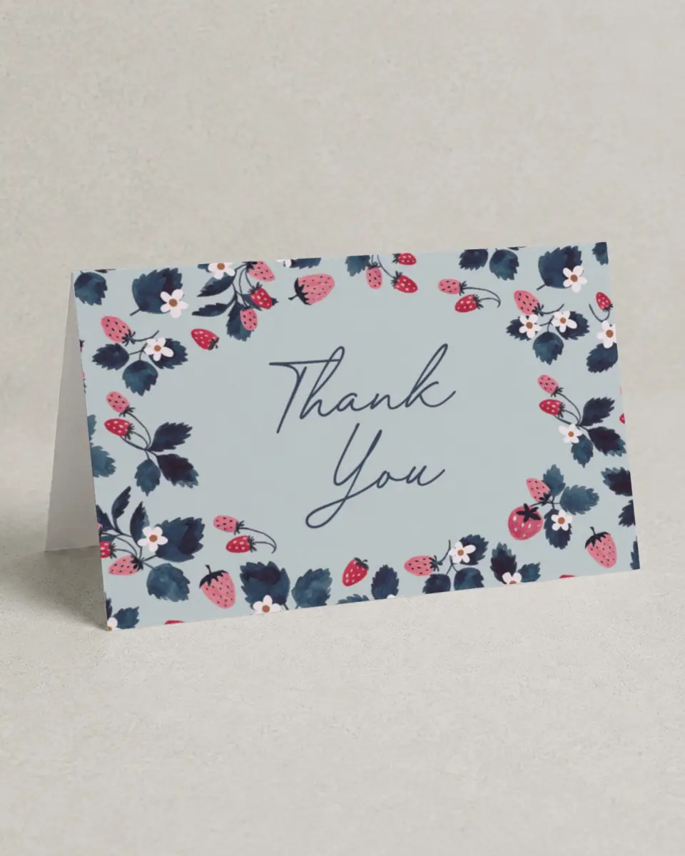 This is a 4" x 6" Folded Thank You Card called Berry First printed in full color on Premium Smooth paper
