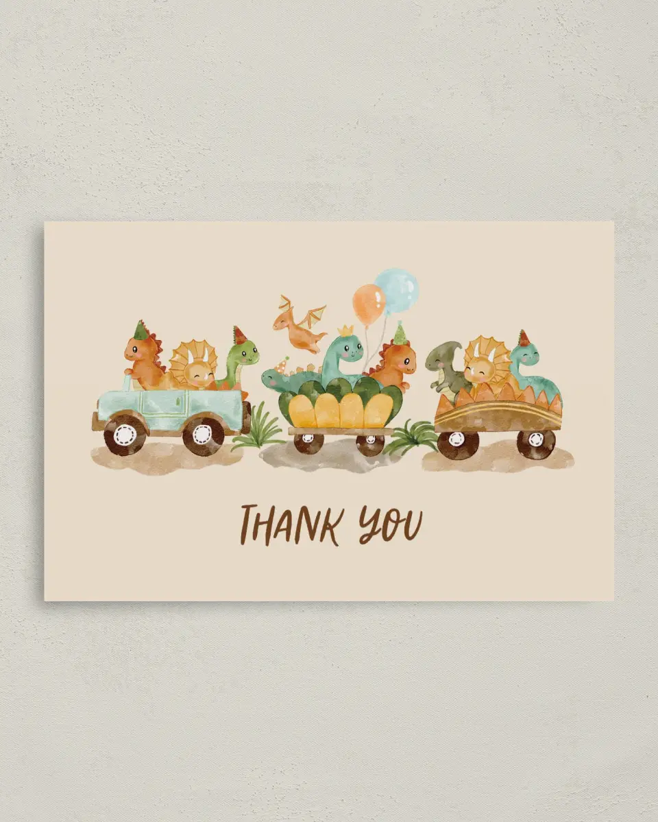 This is a 4" x 6" Folded Thank You Card called Stomp Chomp Roar printed in full color on Premium Smooth paper