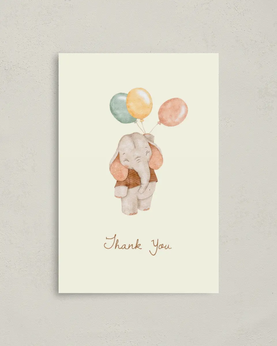 This is a 4" x 6" Folded Thank You Card called Balloon Buddy printed in full color on Premium Smooth paper