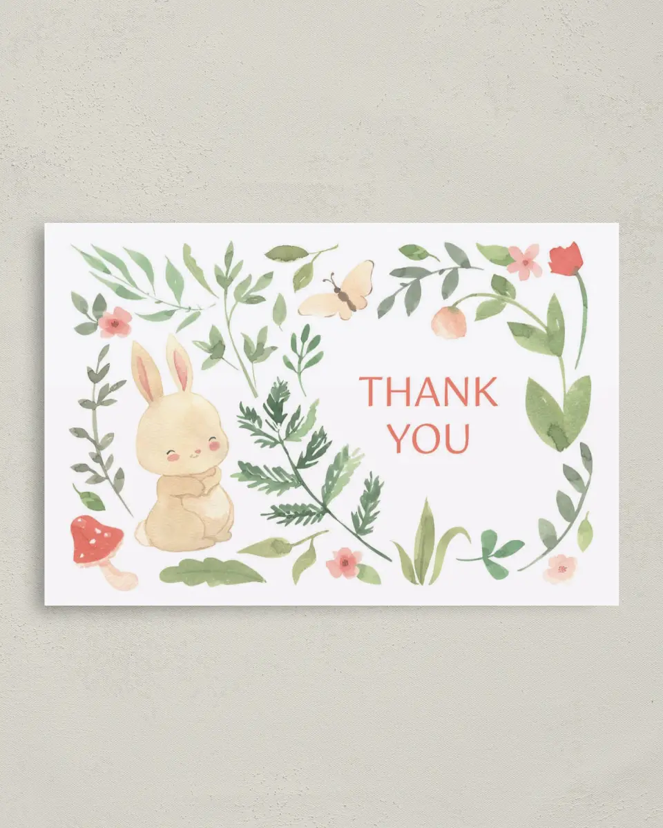 This is a 4" x 6" Folded Thank You Card called Flora & Fauna printed in full color on Premium Smooth paper