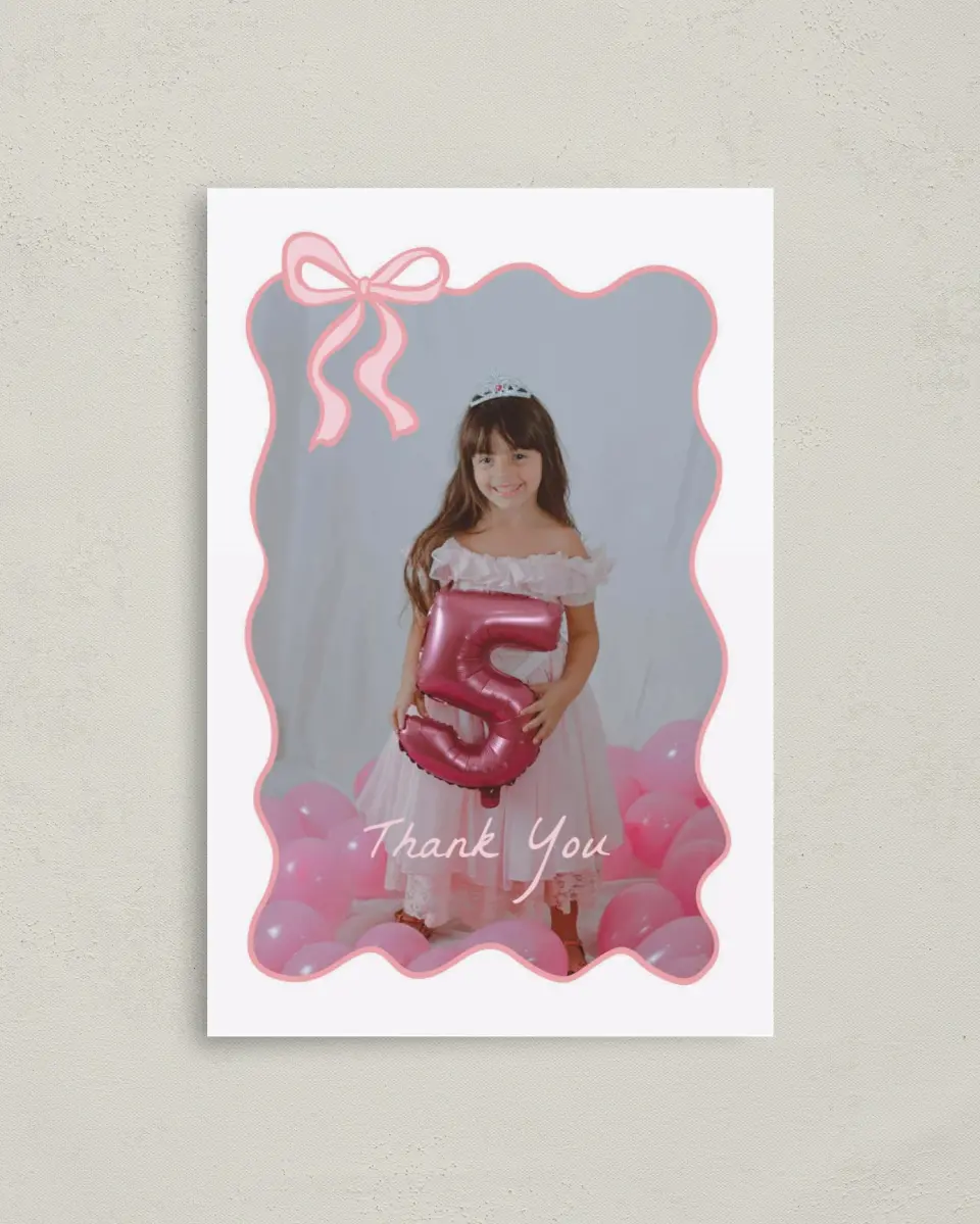 This is a 4" x 6" Folded Thank You Card called Ribboned Reverie printed in full color on Premium Smooth paper