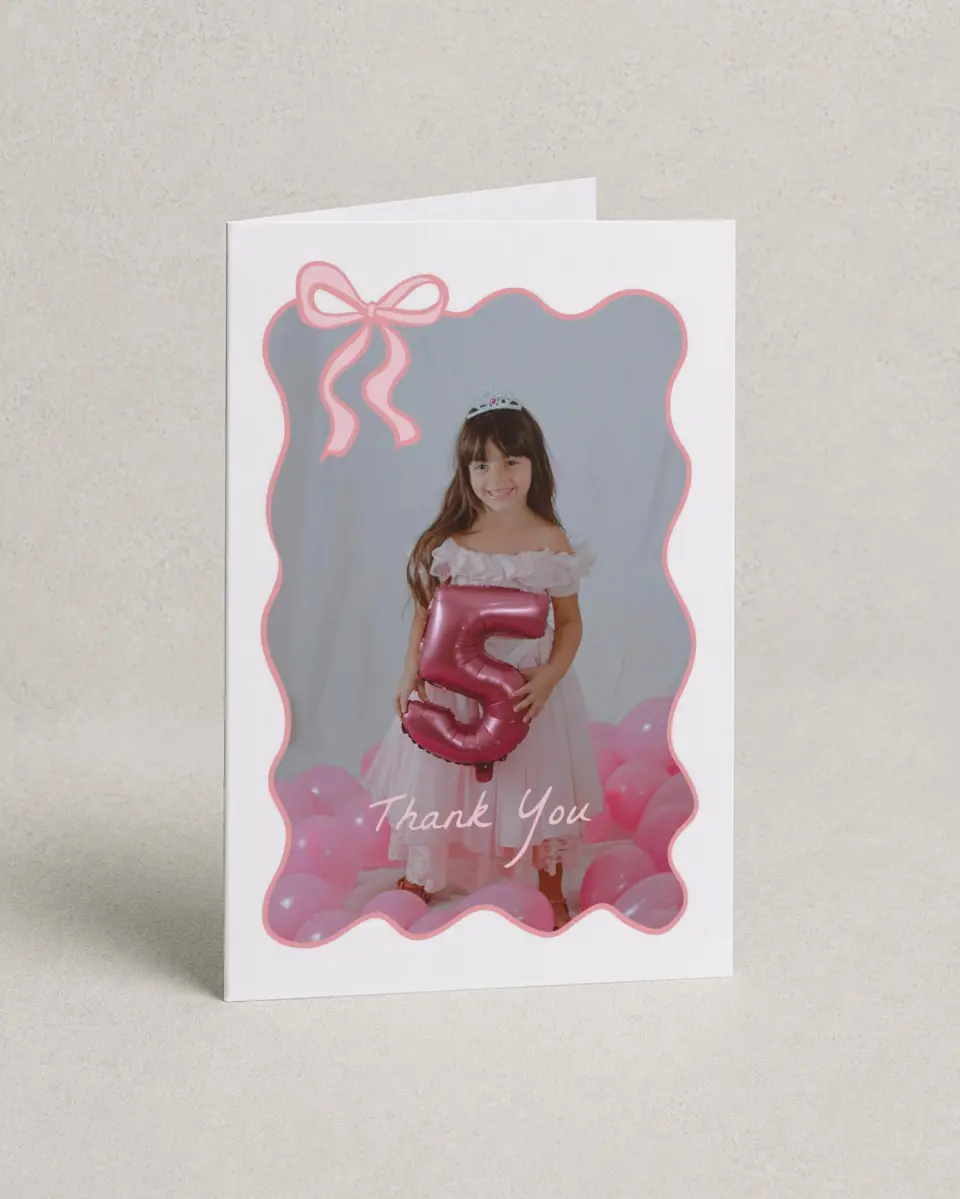This is a 4" x 6" Folded Thank You Card called Ribboned Reverie printed in full color on Premium Smooth paper