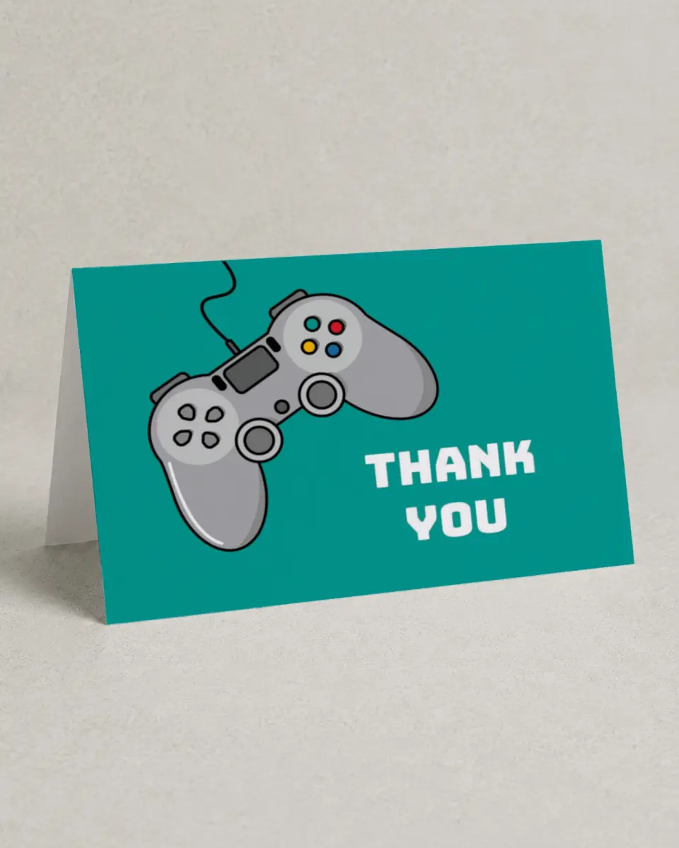 This is a 4" x 6" Folded Thank You Card called Level Up printed in full color on Premium Smooth paper