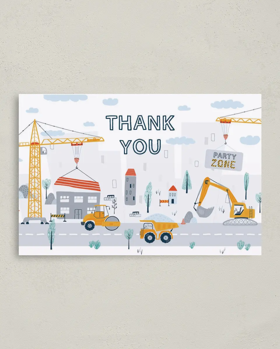 This is a 4" x 6" Folded Thank You Card called Under Construction printed in full color on Premium Smooth paper