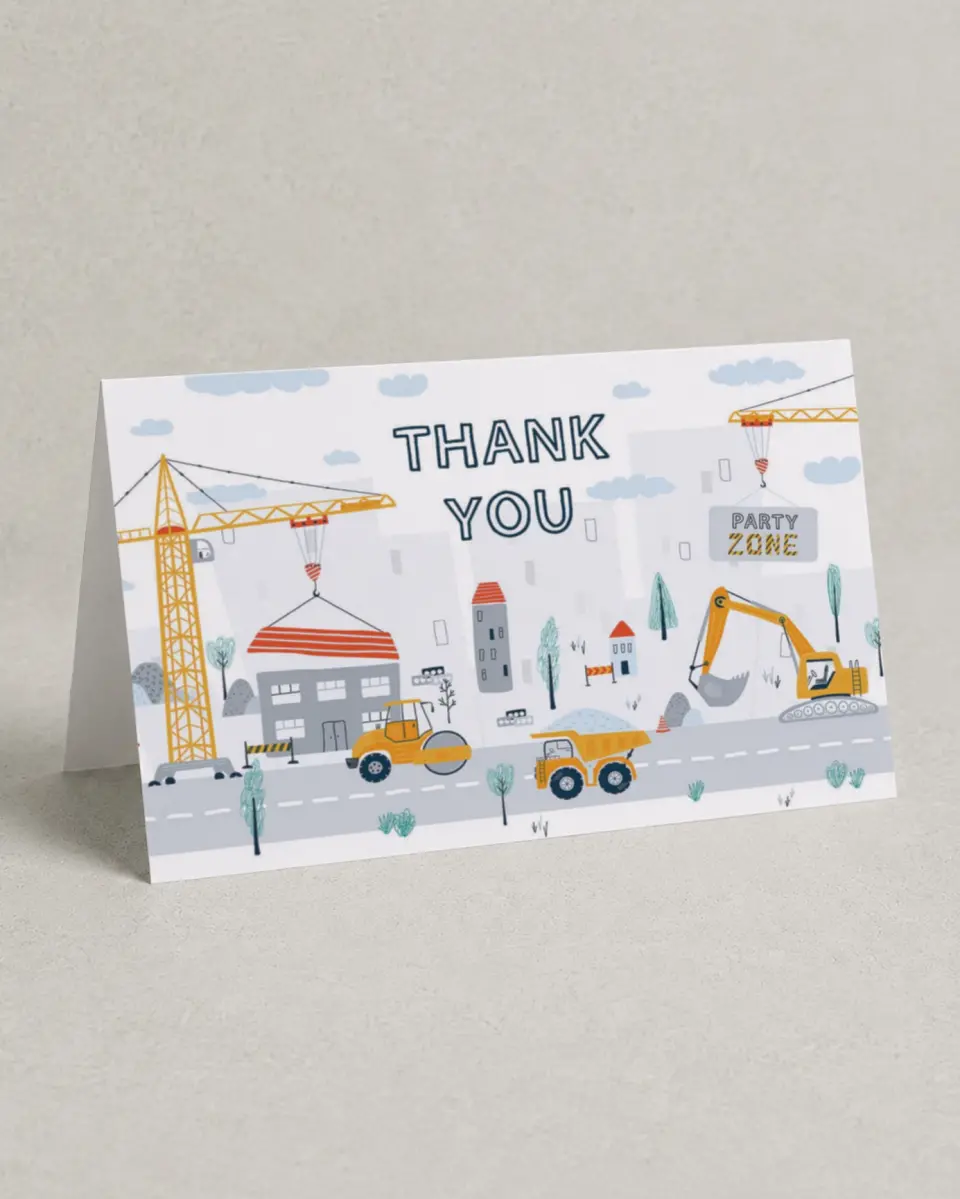 This is a 4" x 6" Folded Thank You Card called Under Construction printed in full color on Premium Smooth paper
