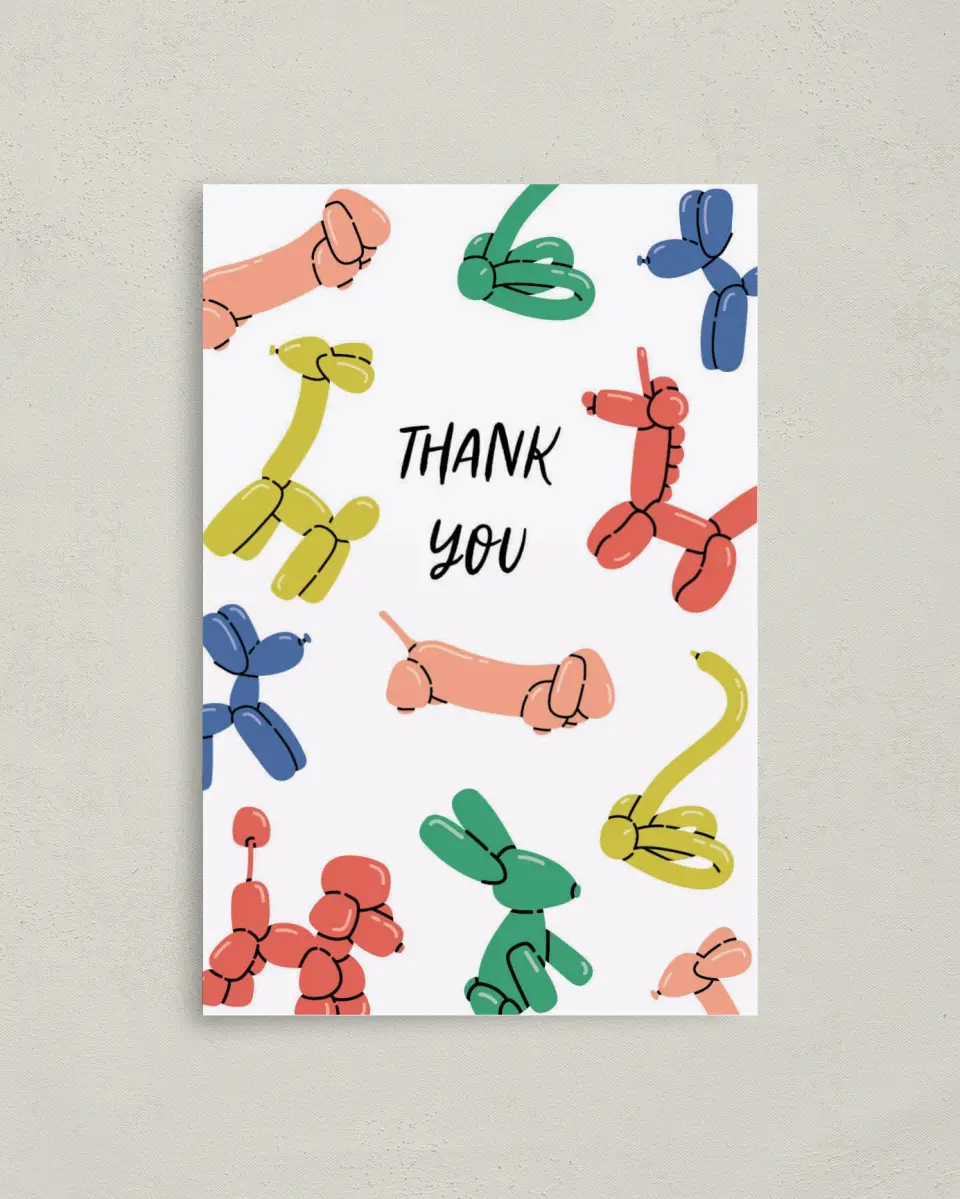 This is a 4" x 6" Folded Thank You Card called Balloon Blast printed in full color on Premium Smooth paper