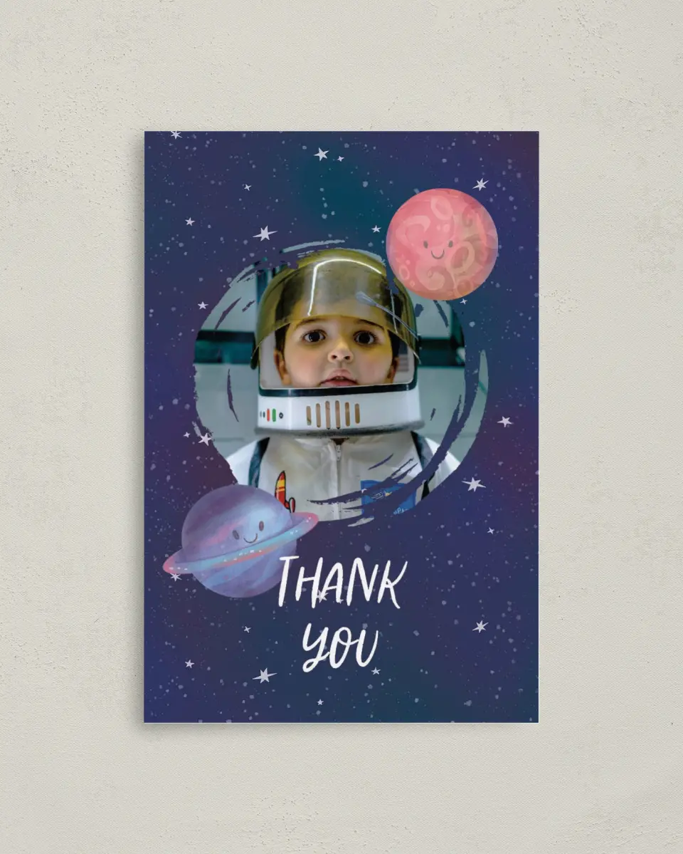 This is a 4" x 6" Folded Thank You Card called Out of this World printed in full color on Premium Smooth paper