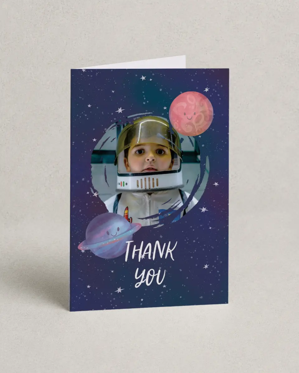 This is a 4" x 6" Folded Thank You Card called Out of this World printed in full color on Premium Smooth paper