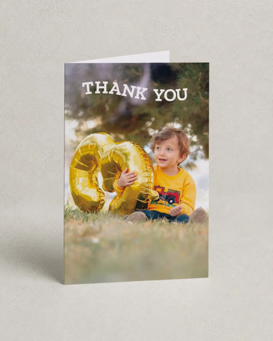 This is a 4" x 6" Folded Thank You Card called Sound the Alarm printed in full color on Premium Smooth paper