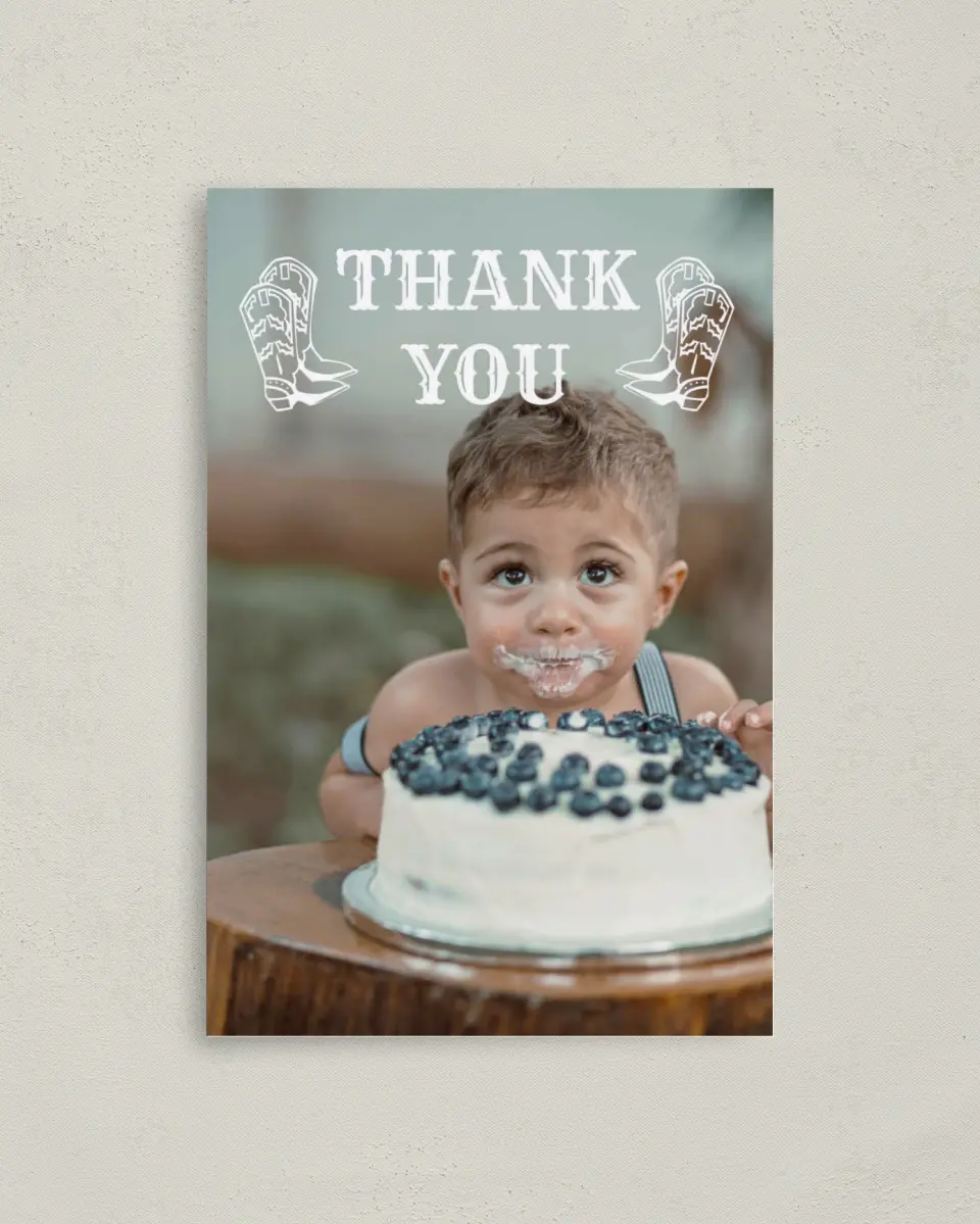 This is a 4" x 6" Folded Thank You Card called First Rodeo printed in full color on Premium Smooth paper