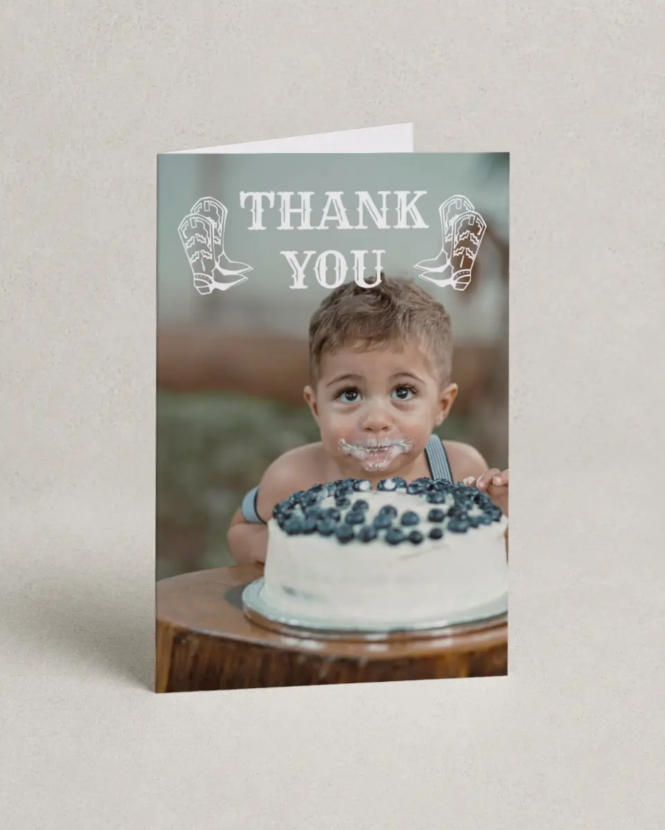 This is a 4" x 6" Folded Thank You Card called First Rodeo printed in full color on Premium Smooth paper