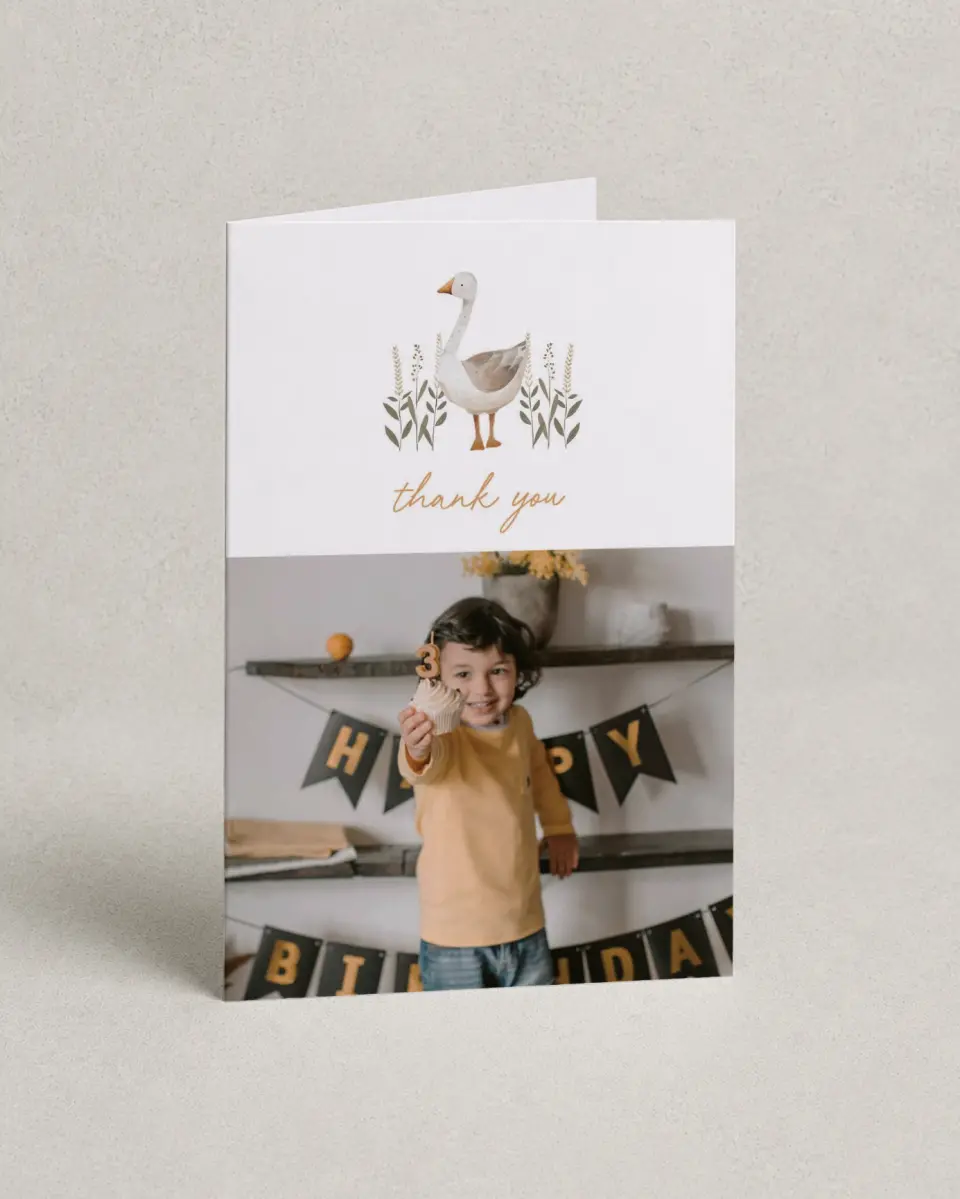 This is a 4" x 6" Folded Thank You Card called Silly Goose printed in full color on Premium Smooth paper