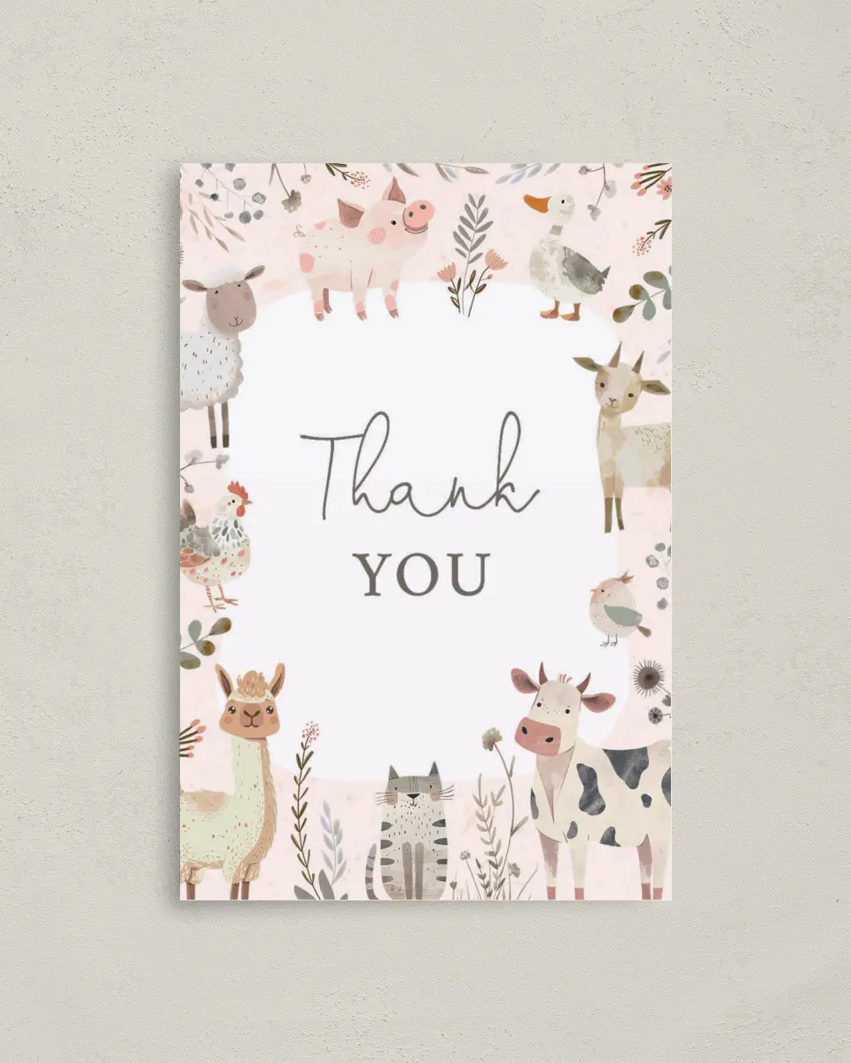 This is a 4" x 6" Folded Thank You Card called Farm Friends printed in full color on Premium Smooth paper