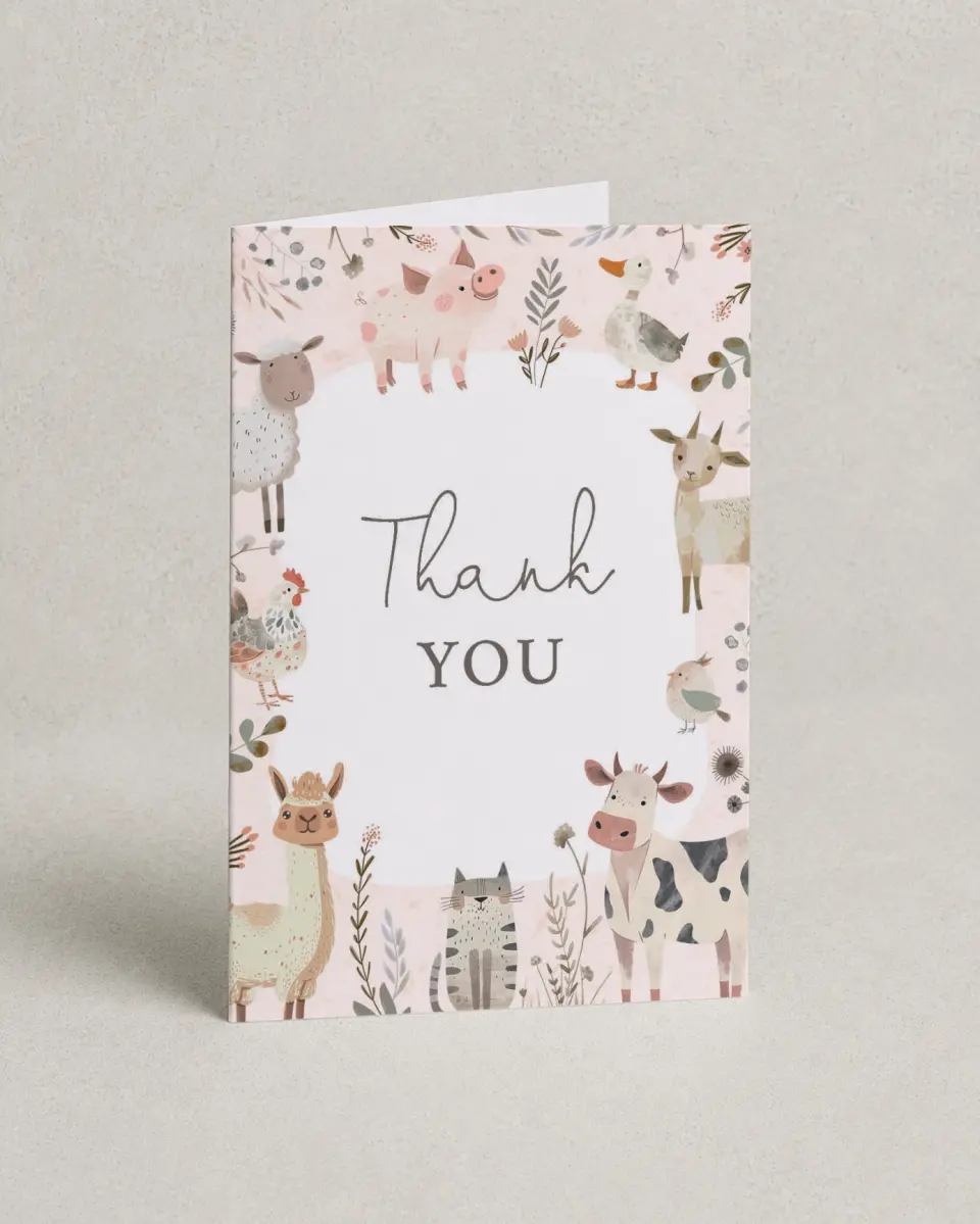 This is a 4" x 6" Folded Thank You Card called Farm Friends printed in full color on Premium Smooth paper
