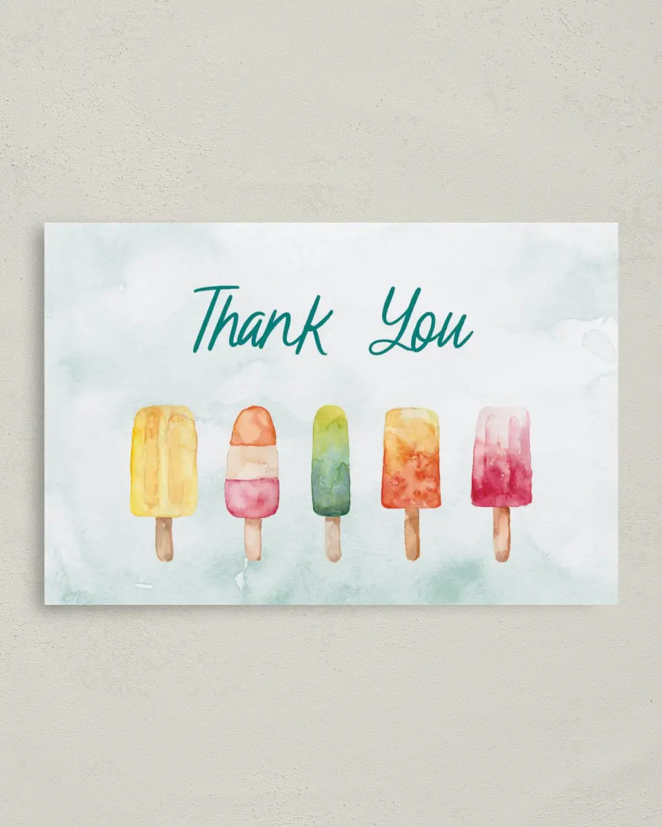 This is a 4" x 6" Folded Thank You Card called Poolside Popsicles printed in full color on Premium Smooth paper