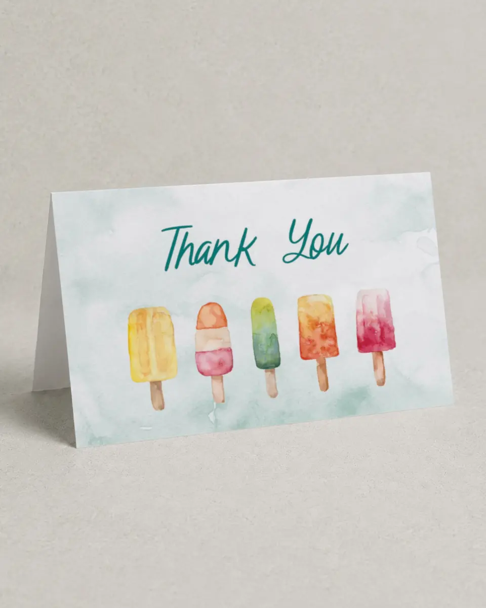 This is a 4" x 6" Folded Thank You Card called Poolside Popsicles printed in full color on Premium Smooth paper