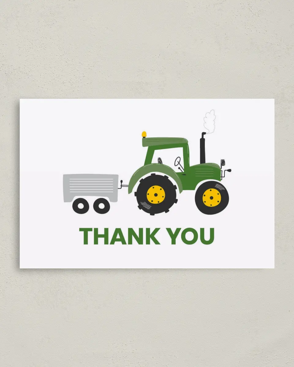 This is a 4" x 6" Folded Thank You Card called Tractor Trek printed in full color on Premium Smooth paper