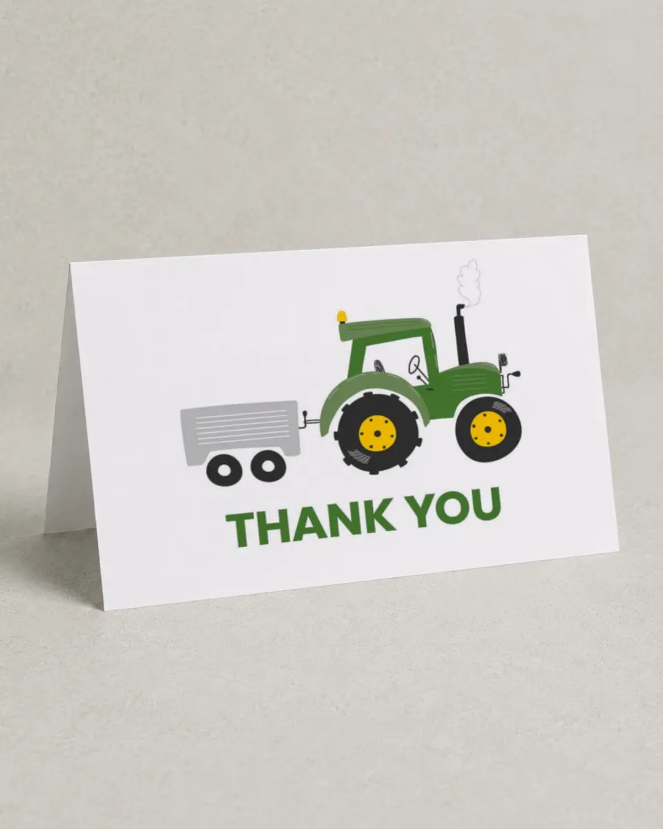 This is a 4" x 6" Folded Thank You Card called Tractor Trek printed in full color on Premium Smooth paper
