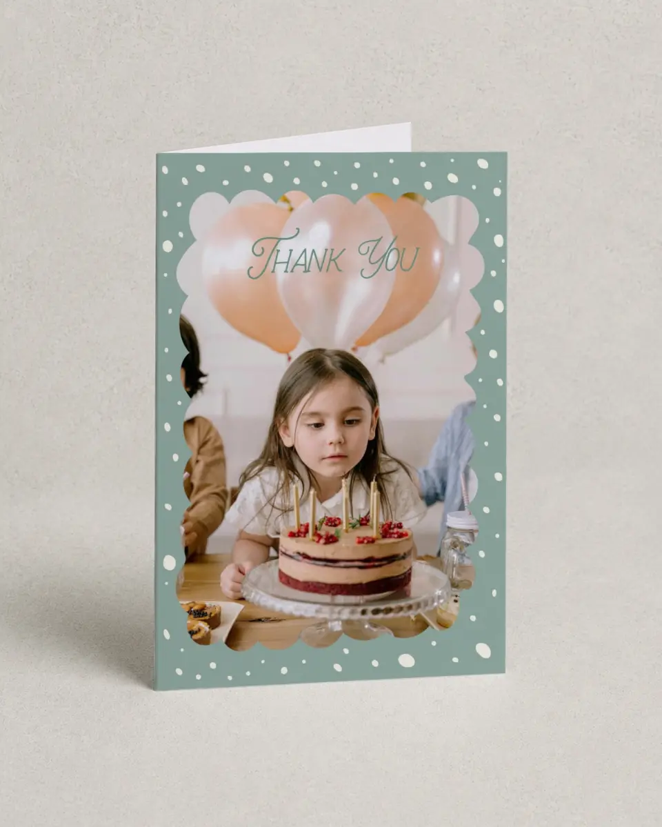 This is a 4" x 6" Folded Thank You Card called Sweet Celebration printed in full color on Premium Smooth paper