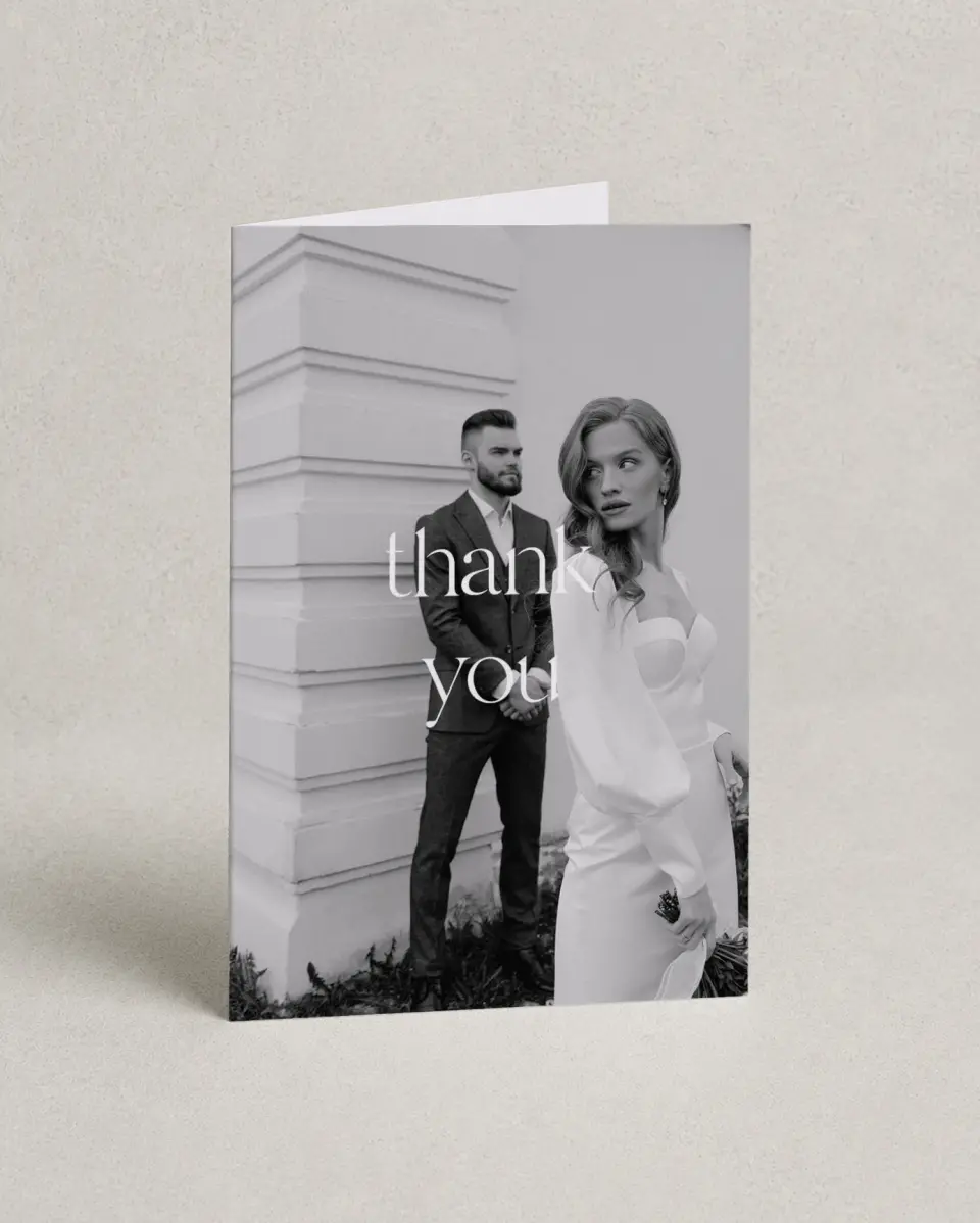 This is a 4" x 6" Folded Thank You Card called The Delaney printed in full color on Premium Smooth paper