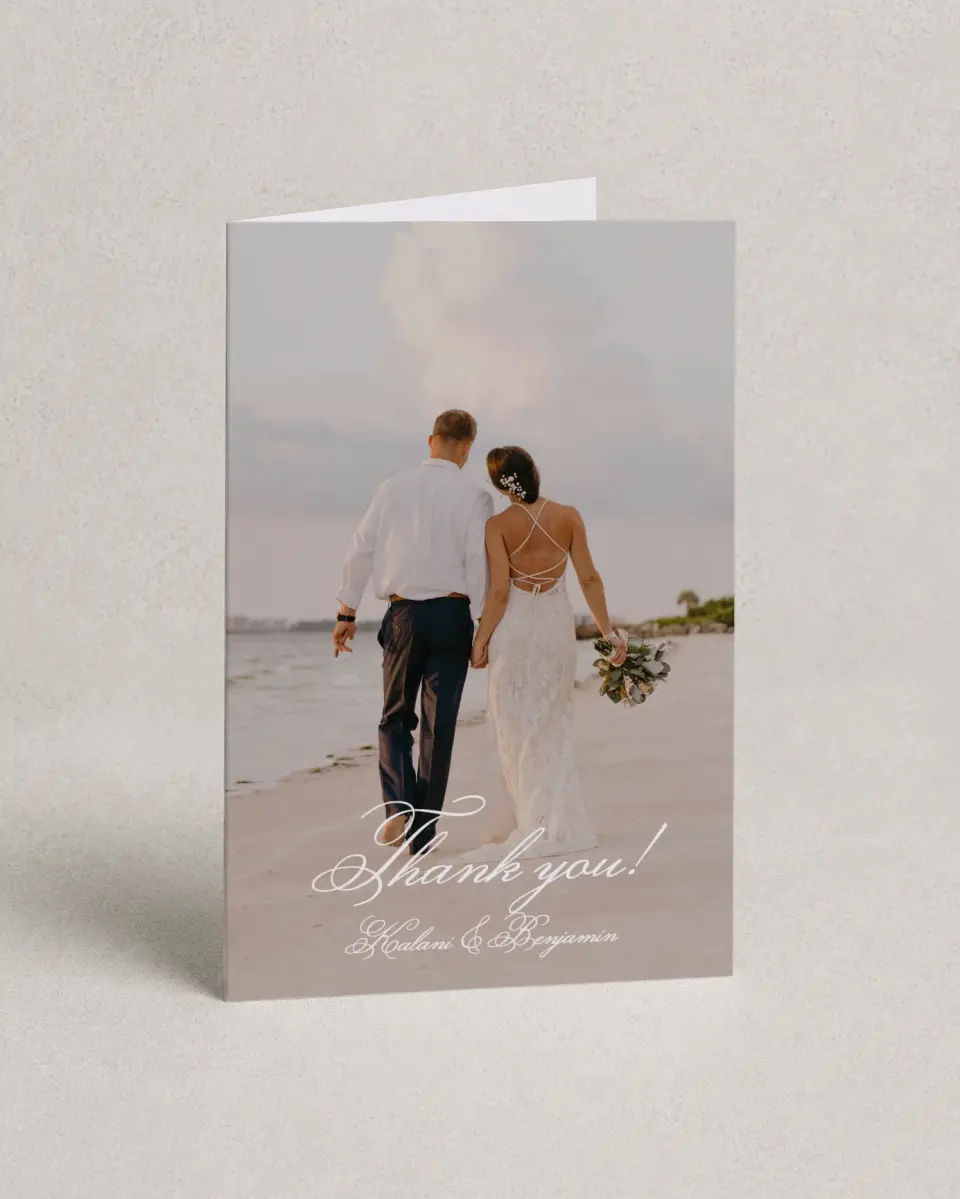 This is a 4" x 6" Folded Thank You Card called Aloha Amore printed in full color on Premium Smooth paper
