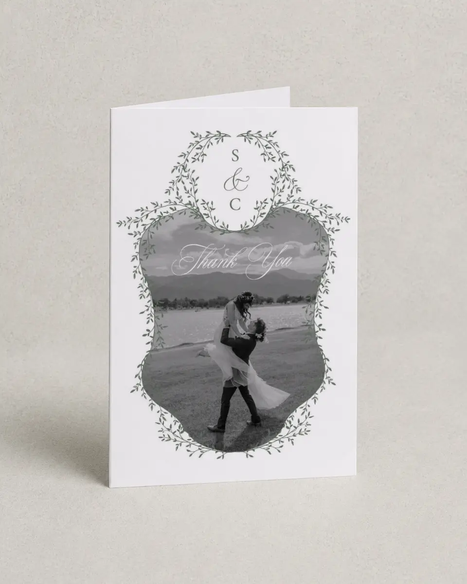 This is a 4" x 6" Folded Thank You Card called Elegant Frame printed in full color on Premium Smooth paper
