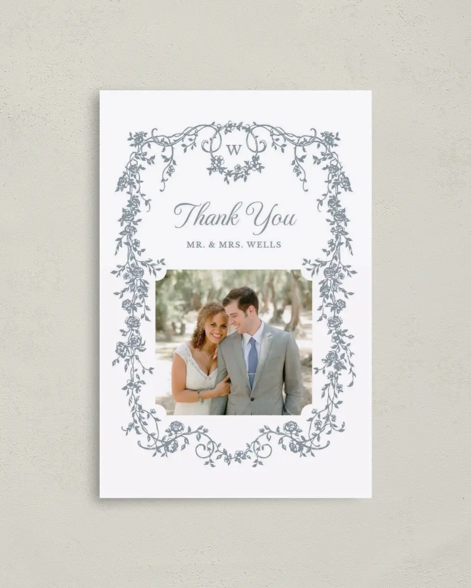 This is a 4" x 6" Folded Thank You Card called Flowering Frame printed in full color on Premium Smooth paper