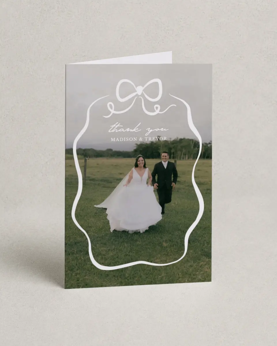 This is a 4" x 6" Folded Thank You Card called The Madison printed in full color with Gold foil on Luxe Satin (coated) paper