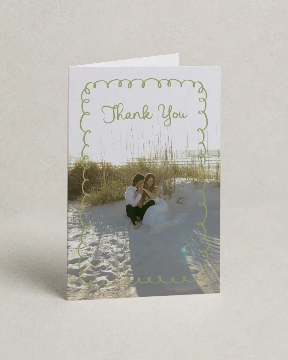 This is a 4" x 6" Folded Thank You Card called Wedding Whimsy printed in full color on Premium Smooth paper