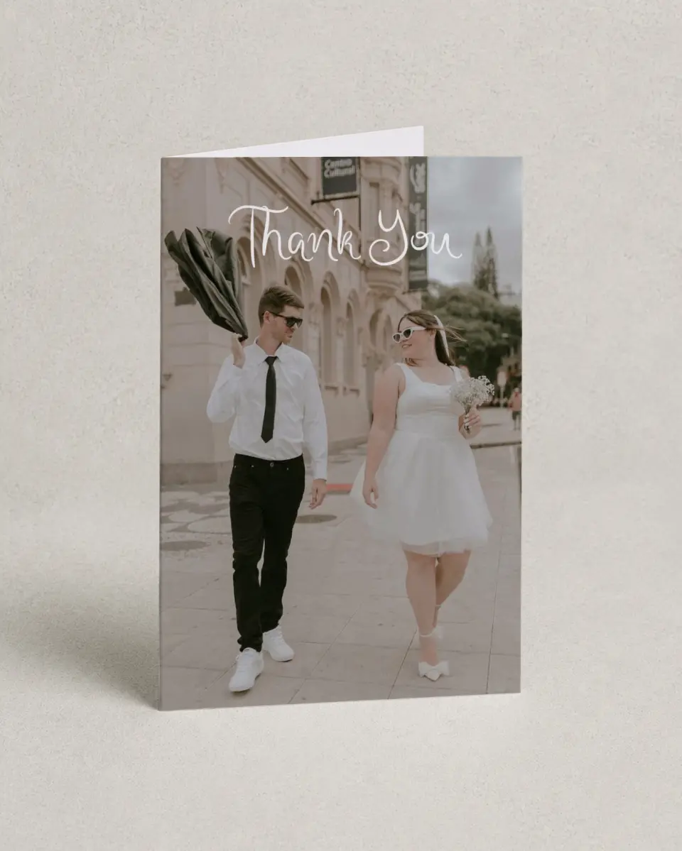 This is a 4" x 6" Folded Thank You Card called The Micayla printed in full color with Gold foil on Luxe Satin (coated) paper