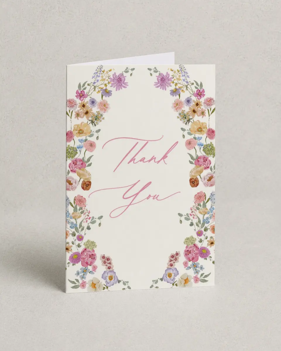 This is a 4" x 6" Folded Thank You Card called The Florence printed in full color with Gold foil on Luxe Satin (coated) paper