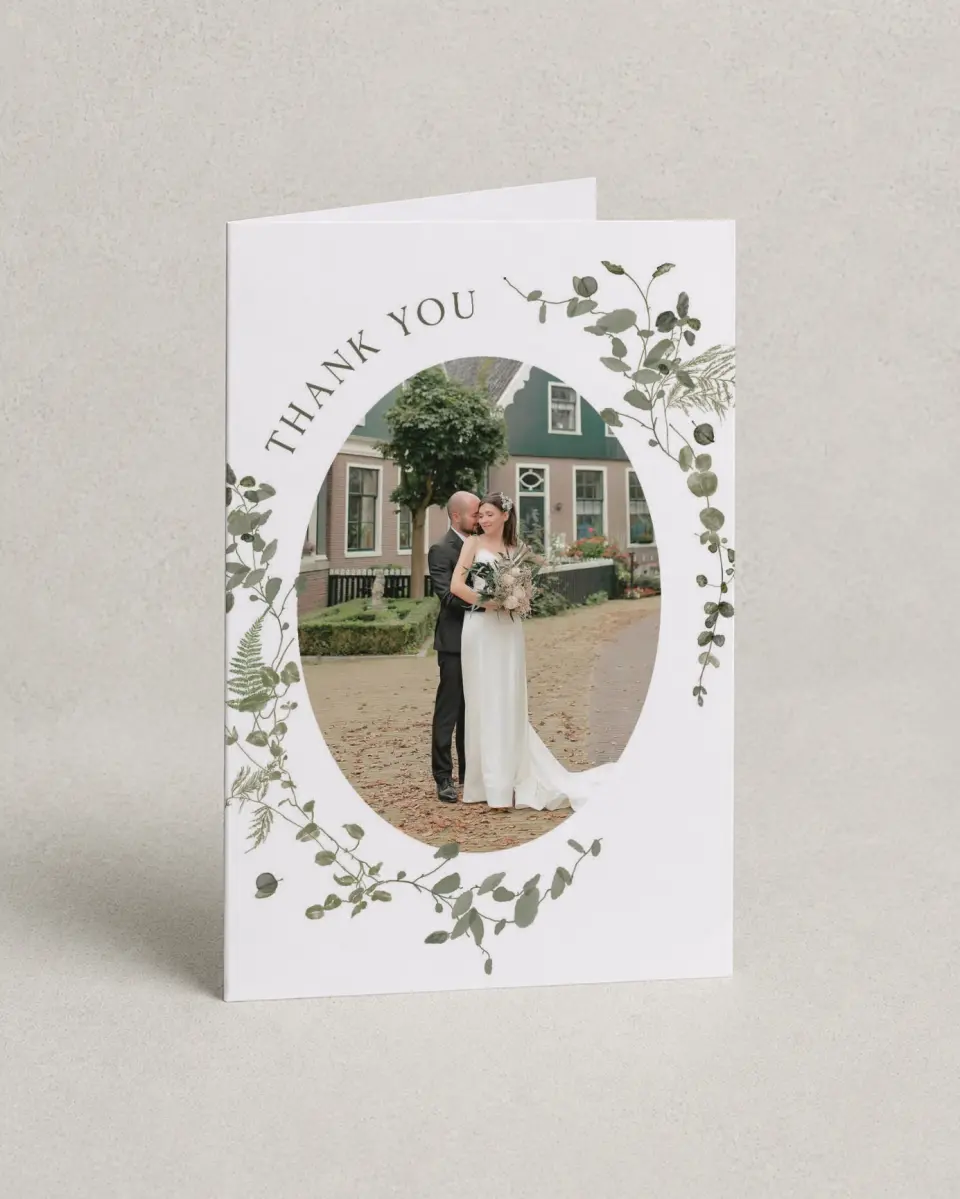 This is a 4" x 6" Folded Thank You Card called The Hailey printed in full color with Gold foil on Luxe Satin (coated) paper