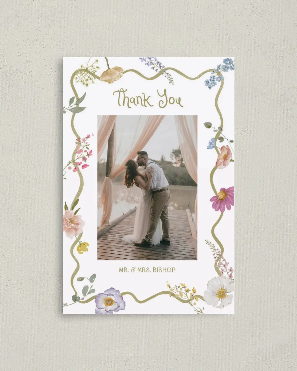 This is a 4" x 6" Folded Thank You Card called Whimsical Garden printed in full color on Premium Smooth paper