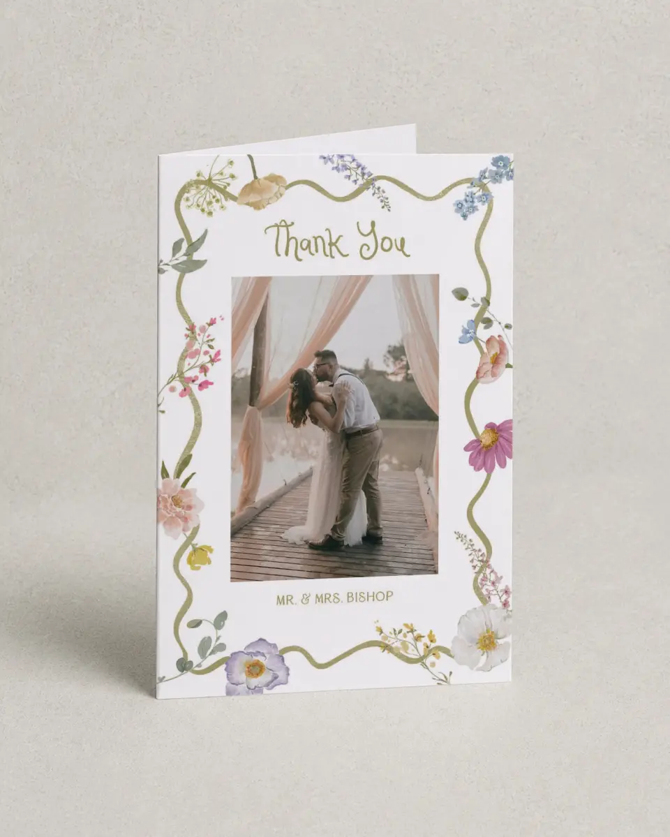 This is a 4" x 6" Folded Thank You Card called Whimsical Garden printed in full color with Gold foil on Luxe Satin (coated) paper