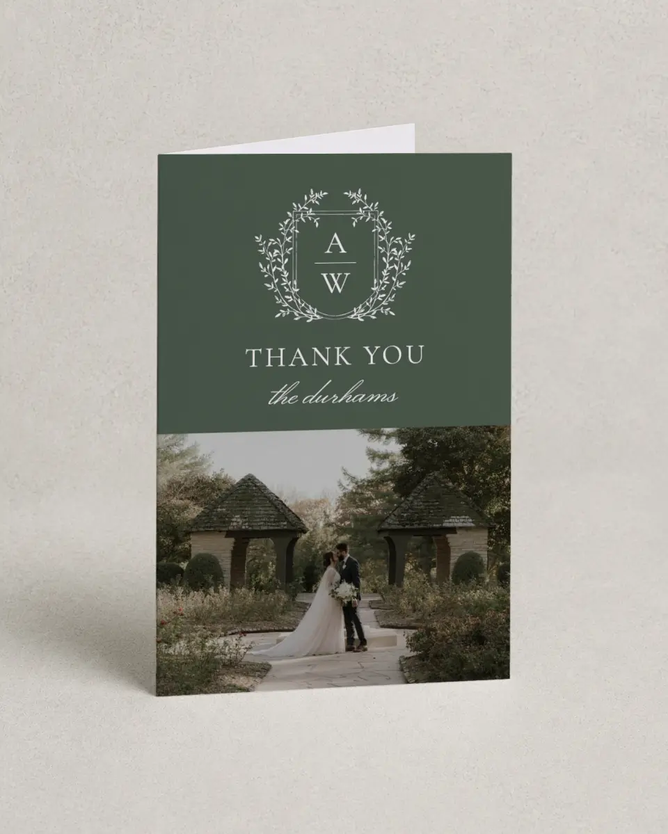 This is a 4" x 6" Folded Thank You Card called The Adaline printed in full color with Gold foil on Luxe Satin (coated) paper